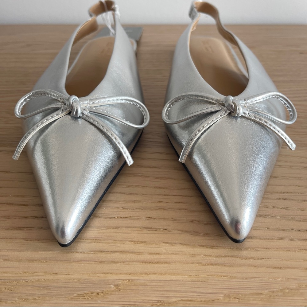 H&M Silver leather slingback ballet Flats with Bow Detail size 8 metallic office - Picture 6 of 13